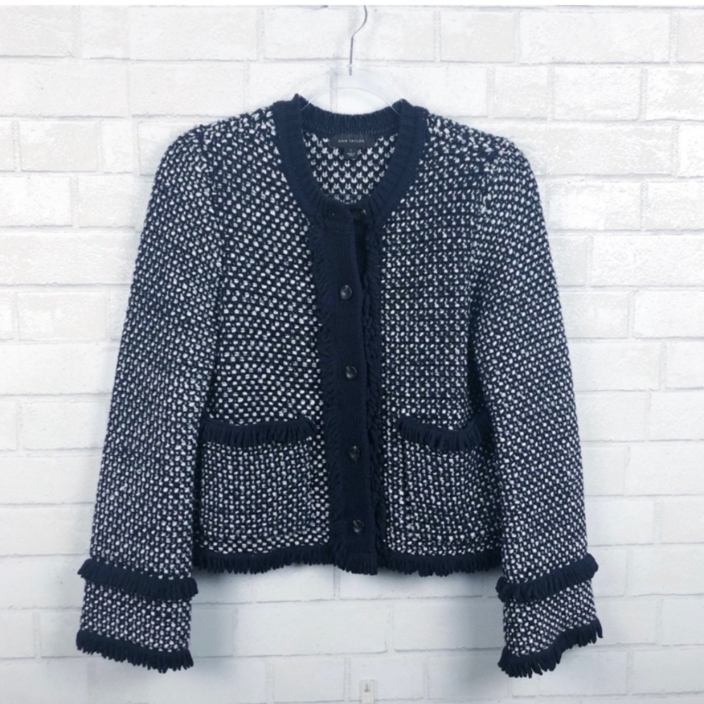 Ann Taylor Cotton Blend Navy and White Button Front Knit Cardigan Size Small